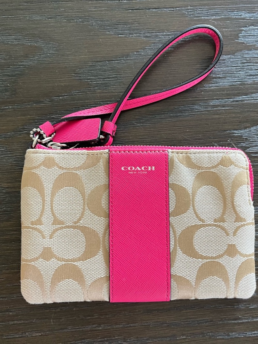 Coach Signature Canvas Wristlet with Hot Pink Trim